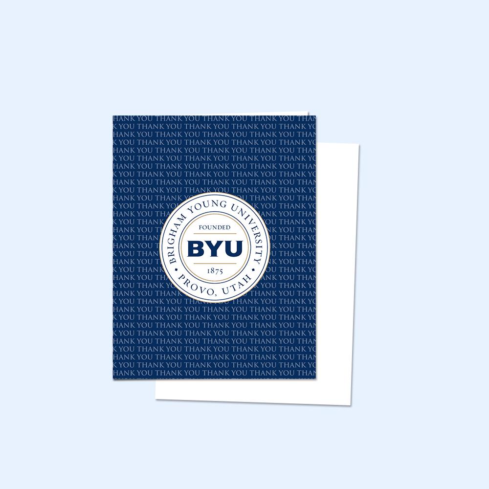 A pack of BYU Blue Thank You Cards with envelopes, featuring the BYU logo and colors.